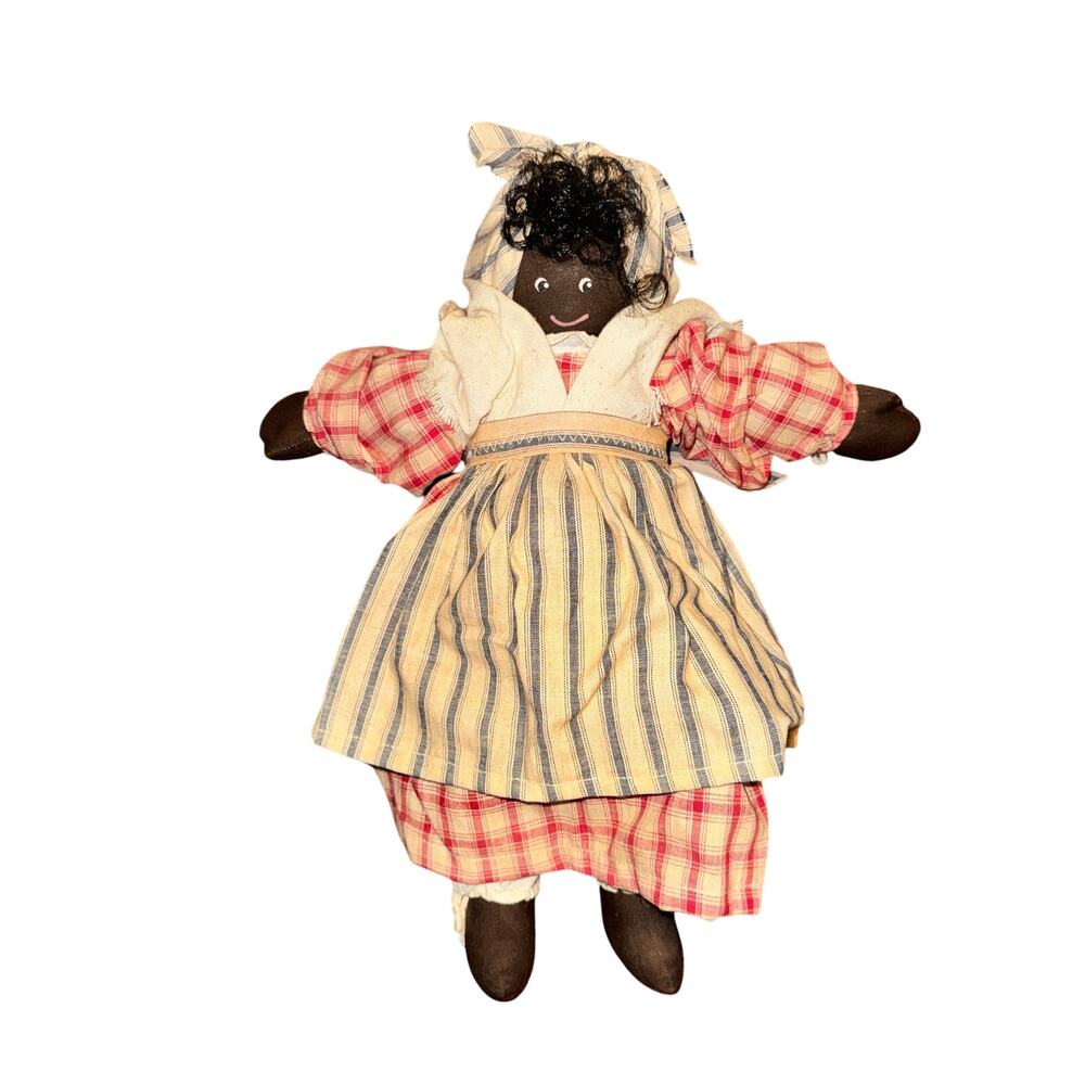 Vtg Primitive Folk Art Cloth Doll Hand Made Americana Woman Curly Hair